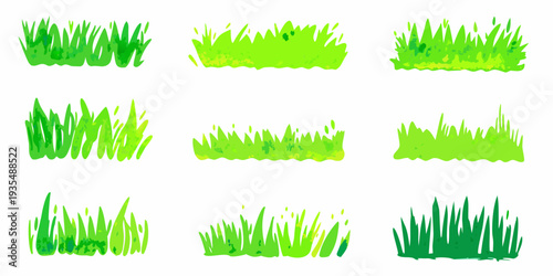 Nine variations of cartoon style green grass clumps on a white background