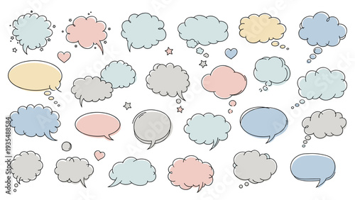 Large set of hand drawn colorful speech bubbles of different shapes for comics, chat, or communication designs.