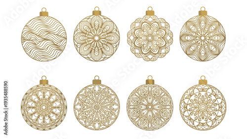 Collection of golden christmas ball ornaments with intricate mandala patterns for festive holiday decorations or greetings.