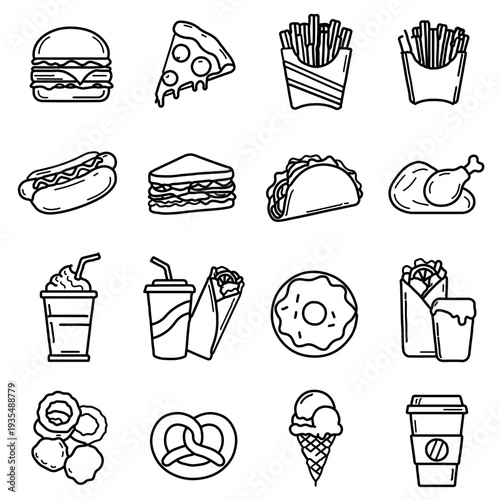 Collection of sixteen stylized fast food and unhealthy snack icons presented in a simple black and white outline vector graphic arrangement