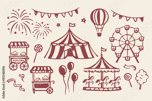 Carnival amusement park icons doodle set vector illustration