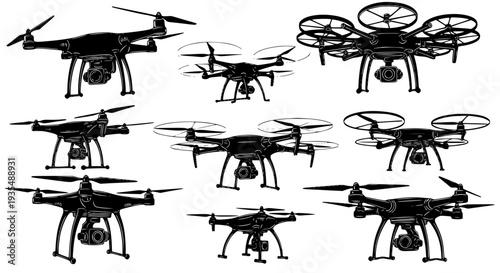 Professional Drone Silhouette Vector Set – Camera-Equipped UAVs for Aerial & Tech EPS 10