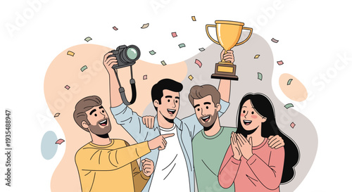 Group of happy friends celebrating success with a trophy and camera.