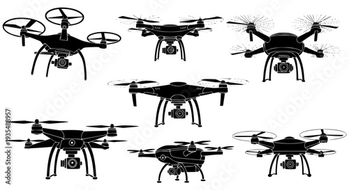 Drone Silhouette Vector Set – Black Camera UAVs for Photography & Technology