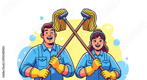Happy Cleaning Professionals Holding Mops Ready for Work.