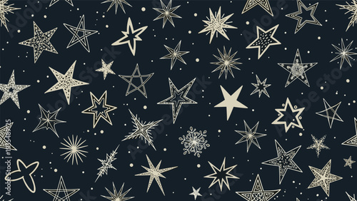 Magical seamless pattern with various hand drawn stars and constellations on a dark background for mysterious designs.
