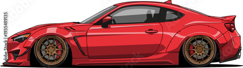 Red sports car illustration viewed from the side showcasing sleek design and vibrant color on a clean background