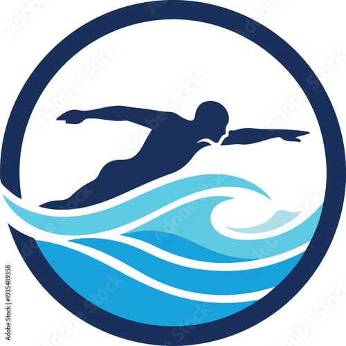 A surfer riding a wave in a circular logo