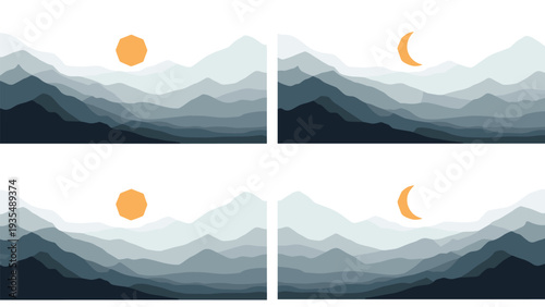 Four panel landscape series showing a minimalist mountain range during different times of day with the sun and moon in the sky.