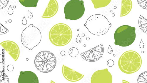 Refreshing seamless pattern featuring whole lemons, limes, citrus slices, water drops, and bubbles on a crisp white background.