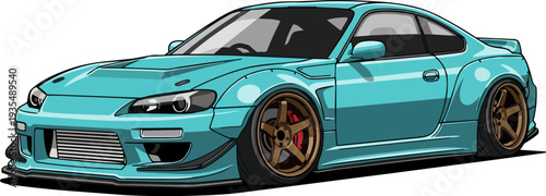 Vibrant teal sports car illustration showcasing sleek design and bronze wheels from a dynamic front angle