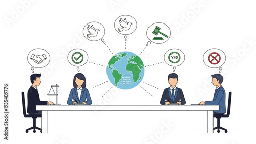 Global discussion on environmental issues with diverse perspectives and actions around a table with a globe at its center, viewed from the side in an office setting