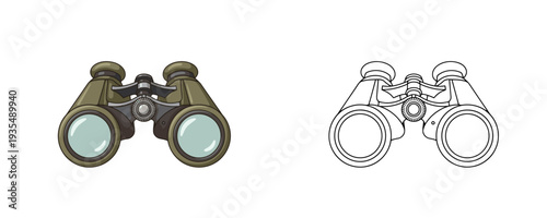 Tactical military binoculars in cartoon and linear styles with olive green and grey colors for long range observation and field scouting on white background isolated set