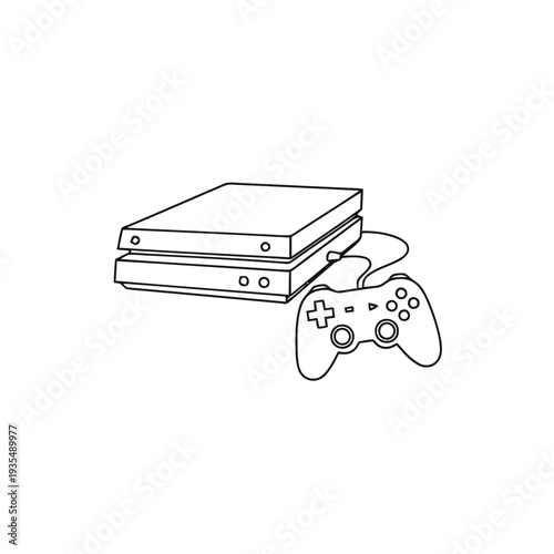 Modern video game console unit is stacked next to a matching wireless controller, suggesting digital entertainment options.