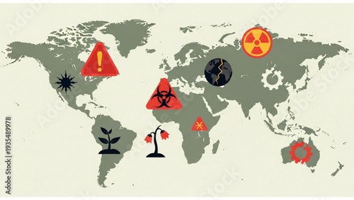 Global Hazards and Dangers Map Illustration Showing Various Threats and Risks Across the World from a Top-Down Viewpoint
