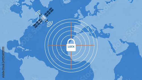 Satellite surveillance system securing global data transmission with encryption over world map illustration