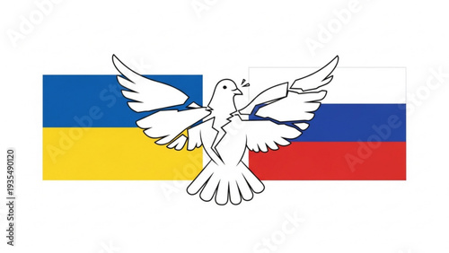 White dove flying in front of Ukrainian and Russian flags symbolizing peace and conflict resolution