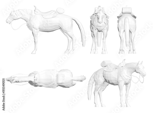 Polygonal horse model with a detailed saddle stands on a clean white background. Its geometric form is constructed from various shapes and sizes for an intricate, stylized appearance.