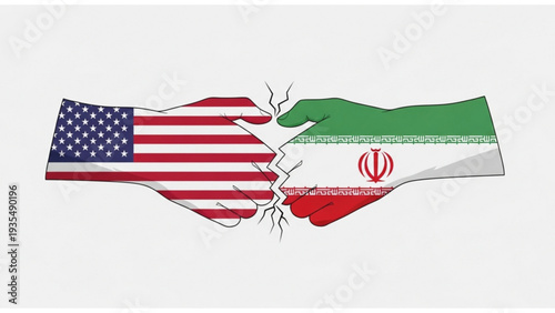 Cracked hands clasping USA and Iran flags in tension, symbolizing conflict and disagreement, illustrated vector graphic