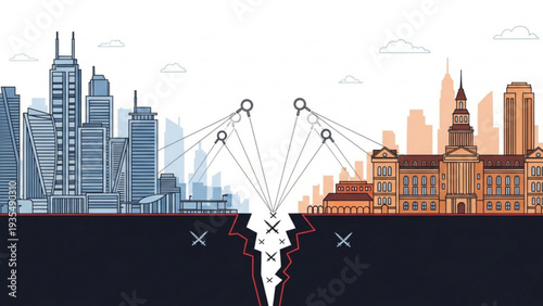 Vector illustration of a cityscape with skyscrapers and historic buildings viewed from a low angle with marionette strings