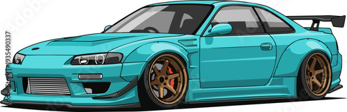 A sleek sports car is viewed from the side, showcasing its vibrant teal color and bronze rims in a clean environment.