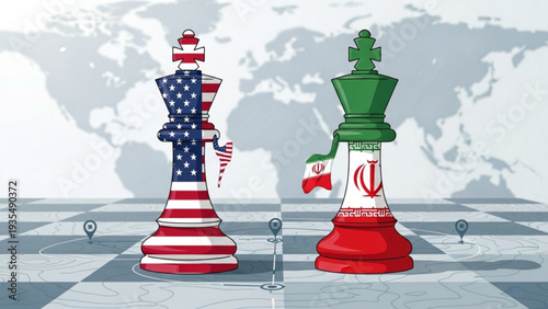 Chess pieces representing USA and Iran face off on a strategic global map