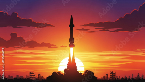 A rocket launches into the sky at sunset with a cityscape in the foreground, captured from a distance in a vector graphic illustration, referencing 61.svg