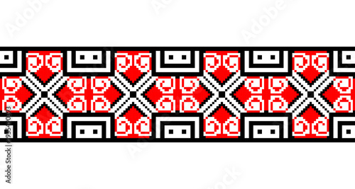 Vyshivanka. National traditional embroidery texture black and red colours. Detailed horizontal seamless ornamental pattern. Textile print abstract background. Vector illustration