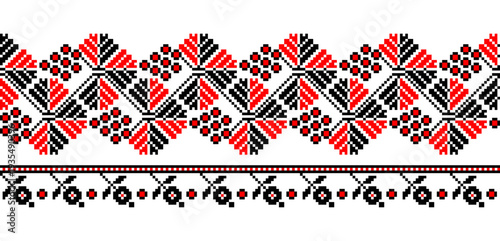 Vyshivanka with viburnum. National traditional inwrought embroidery texture with black and red flowers. Detailed horizontal seamless ornamental pattern. Textile print abstract background. Vector illus
