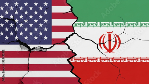 USA and Iran flags merged in a fractured map illustration depicting geopolitical tension