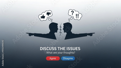 Two silhouetted figures facing opposite directions with thought bubbles above their heads indicating discussion and disagreement