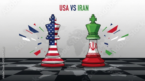 USA and Iran chess pieces facing each other on a chessboard with flags splashing around them in a competitive game illustration