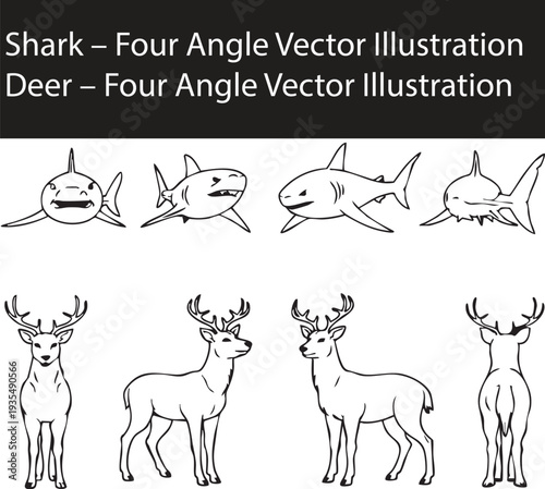 Vintage Christmas vector illustration set featuring a cartoon deer, farm animals, and holiday decorations in a stylized silhouette drawing for festive card design