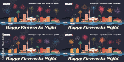 USA, US, U.S, United States - Set of Las Vegas Fireworks Night Celebration Skyline – Ultra‑Wide Vector Illustration | Neon Strip Cityscape Banner, Card & Flyer Design for Festive Urban Night Art
