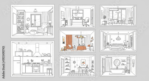 Interior Design Sketches of Various Rooms and Furniture Layouts.