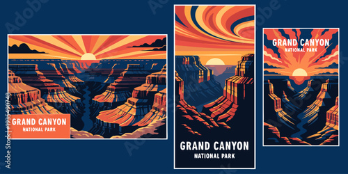 USA, US, U.S, United States - Set of Grand Canyon Sunset with Dramatic Shadows Across Canyon Walls – Panoramic Flat Vector Design for Banner, Card, or Flyer | USA Southwest Landscape Illustration