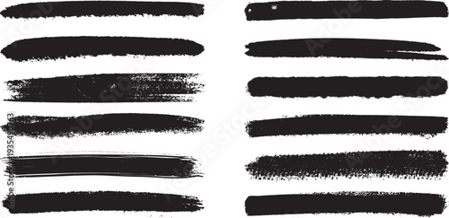Collection of twelve diverse black brush stroke textures, perfect for grunge design elements, artistic backgrounds, and creative overlays.