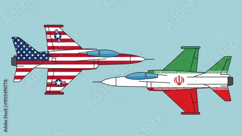 Two fighter jets, one with American and the other with Iranian flag designs, flying in formation, viewed from the side