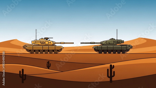 Military tanks advancing through a desert landscape with cacti, vector illustration, 87.svg reference
