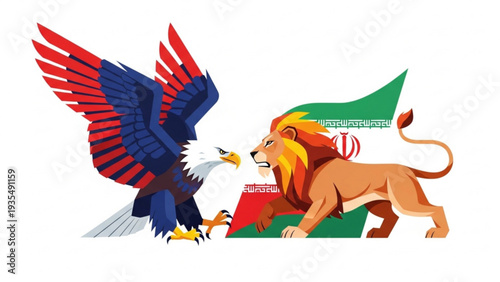 Eagle and Lion Facing Each Other in Front of a Flag, Symbolic Representation, Vector Illustration, Confrontation Scene, National Symbols