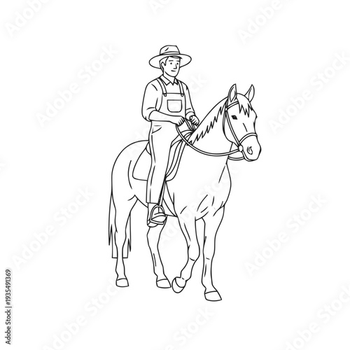 A farmer wearing overalls and a wide-brimmed hat sits confidently atop a sturdy horse while traveling across an open area in a black and white sketch.