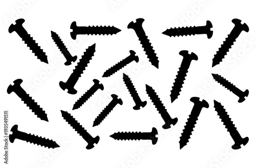 Scattered black wood screw silhouettes, hardware fasteners pattern