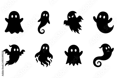 Cute halloween ghost silhouettes set, spooky cartoon spirits collection
