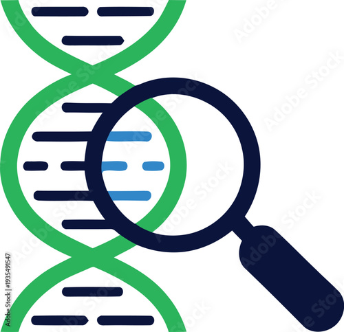Genetic Research and DNA Analysis Icon with Magnifying Glass Examining a Double Helix Structure for Biotechnology and Medical Science, Flat Vector Illustration On Transparent Background.
