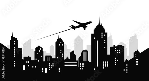 A black silhouette of a city skyline with a plane flying overhead in a white sky
