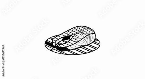 A black and white outline drawing of a raw fish steak on a plate