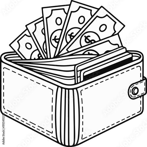 A black and white outline illustration of a wallet filled with currency notes and cards
