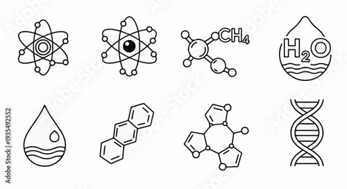 Scientific icons atoms, molecules, water, and DNA