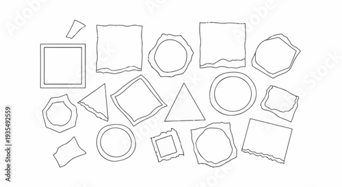 Scattered geometric shapes with uneven edges, sketched in black outline