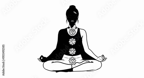 Silhouette of a woman in meditation pose displaying chakras